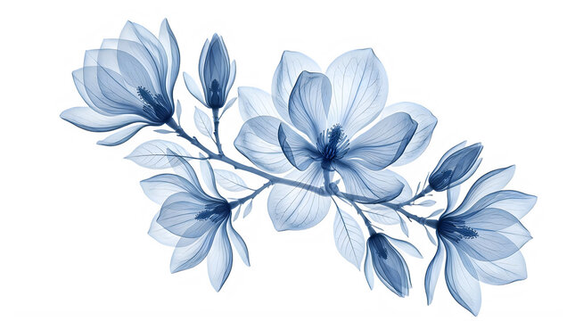 Xray image of blue flowers and leaves on a branch transparent background