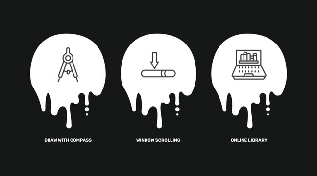 distance learning icon set with draw with compass, window scrolling medium, online library signs in flat outline style