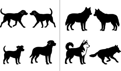 Obraz premium Dog and Wolf Silhouette Collection Featuring Domestic Canines and Wild Predators for Animal and Wildlife Design