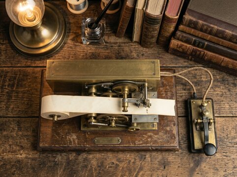 Vintage Brass Telegraph Machine Printing Blank Paper Strip On Desk