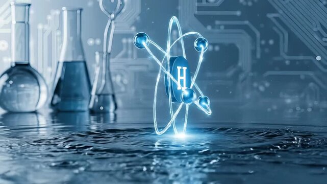 Hydrogen element particle glowing over splashing water, demonstrating clean energy fuel, scientific process, and sustainable power development.