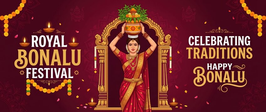 Traditional Telangana Bonalu Greeting Banner with Bonam Offering