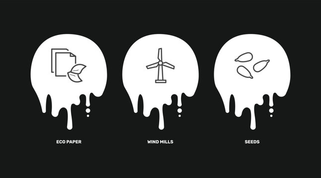 ecology icon set with eco paper, wind mills, seeds signs in flat outline style