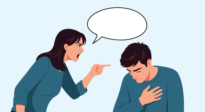 Angry woman in a blue shirt points her finger and shouts at a man who looks sad and guilty in a tense emotional scene.