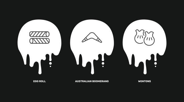 culture and civilization icon set with egg roll, australian boomerang, wontons signs in flat outline style
