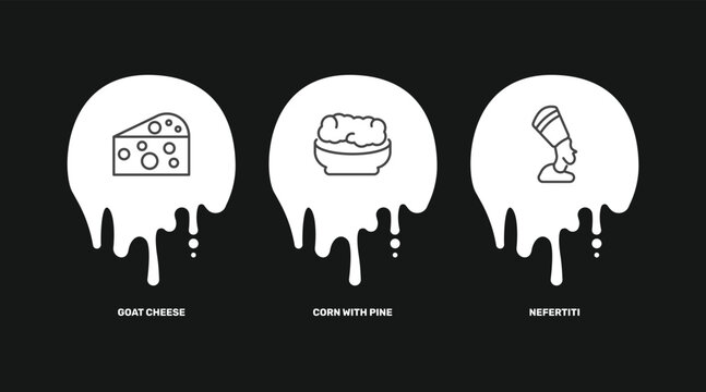 culture and civilization icon set with goat cheese, corn with pine, nefertiti signs in flat outline style
