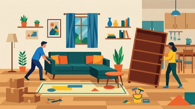 Two people moving furniture in living room.
