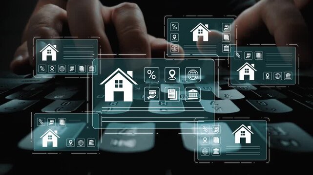 Digital interface showcasing home-related icons and symbols over a computer keyboard with hands, representing real estate and online property management technology Gluon.