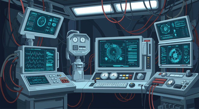 Complex futuristic control room depicted in pixel art style featuring multiple computer monitors displaying data and tangled wires.
