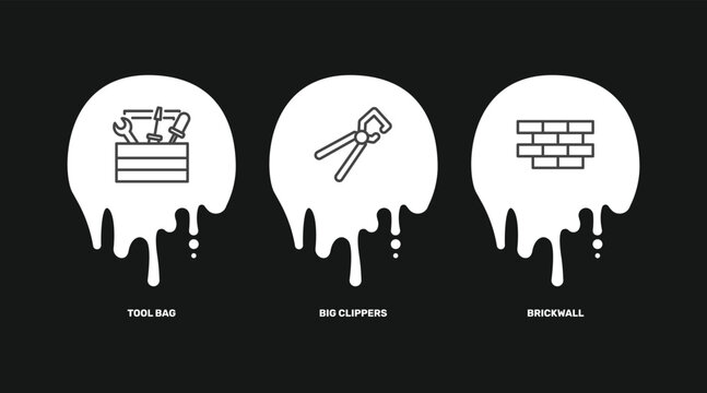 construction icon set with tool bag, big clippers, brickwall signs in flat outline style