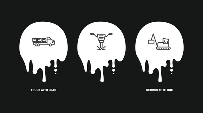 construction icon set with truck with load, , derrick with box signs in flat outline style