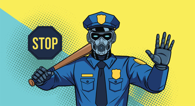 Robotic police officer in a blue uniform holds a wooden bat and raises a hand to signal stop against a bright comic background.