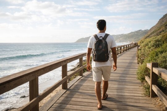 Man walking scenic coastal boardwalk