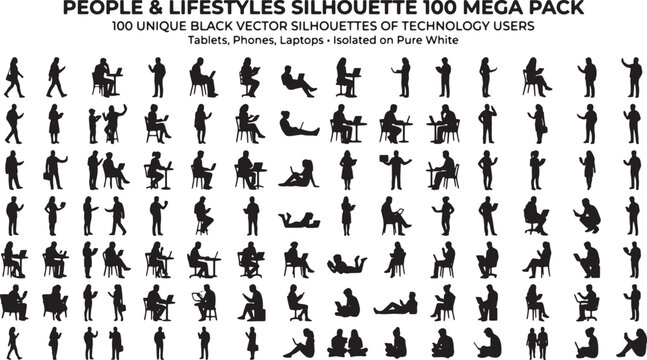 100 Black Vector Silhouettes: Technology Users, People & Lifestyles Mega Pack, Isolated on White Background