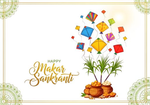 Makar sankranti greeting card with kites and potted plants
