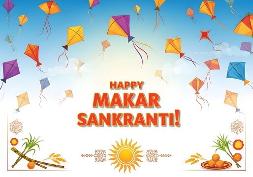 Makar sankranti greeting card with kites and traditional indian elements