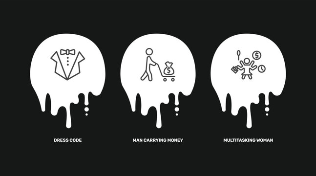 business and finance icon set with dress code, man carrying money, multitasking woman signs in flat outline style
