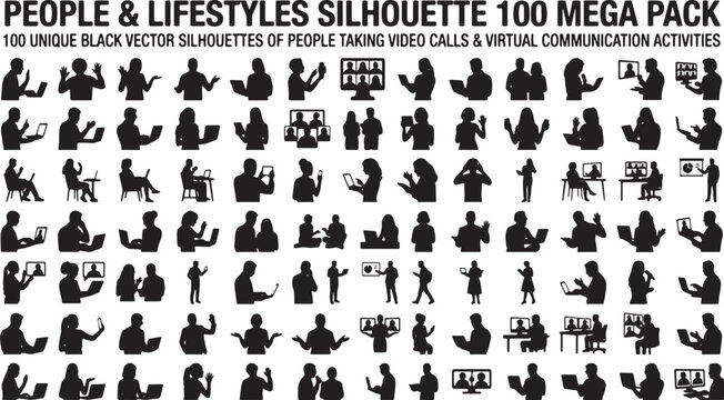100 Black Vector Silhouettes: People & Lifestyles Mega Pack for Virtual Communication, Video Calls, and Digital Interactions