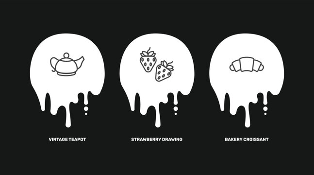 restaurant icon set with vintage teapot, strawberry drawing, bakery croissant signs in flat outline style