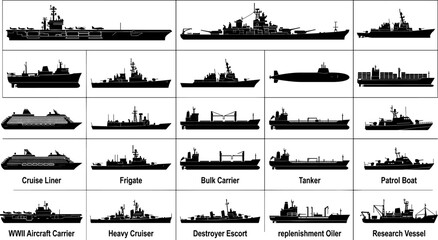 Naval and Commercial Ship Silhouette Collection Featuring Warships, Cargo Vessels and Maritime Transportation Classification Designs © Mukti