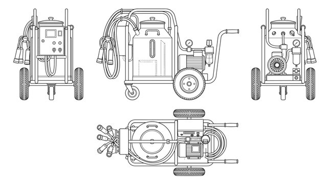 Portable milking machine agricultural equipment technical drawing blueprint with front side back and side views CAD line art vector illustration