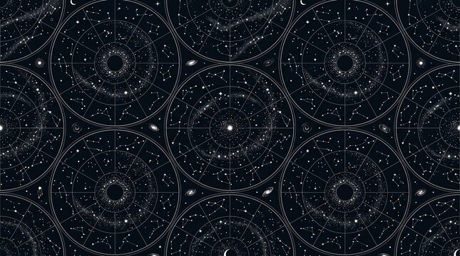 Seamless pattern with celestial maps, constellations and galaxies