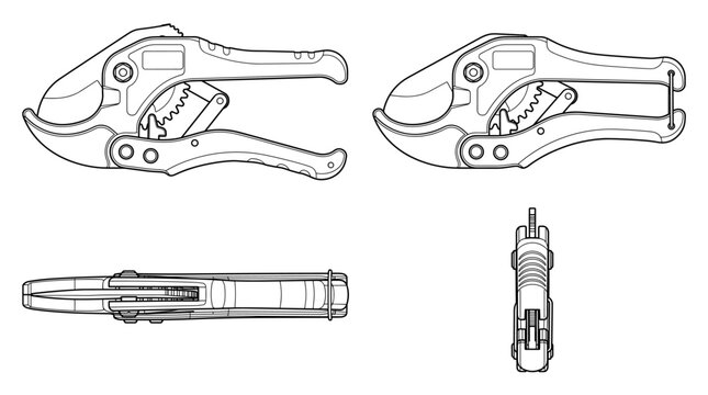 PVC pipe cutter plumbing tool technical drawing blueprint with front side back and side views CAD line art vector illustration