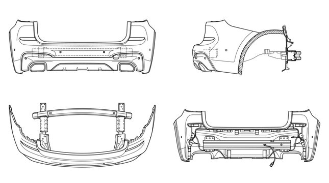 Rear bumper automotive exterior component technical drawing blueprint with front side back and sectional views CAD line art vector illustration