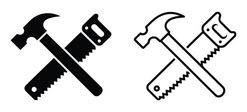 Hand saw and hammer icons in black and colored versions, designed for construction, carpentry, repair services, web interfaces, and mobile applications.