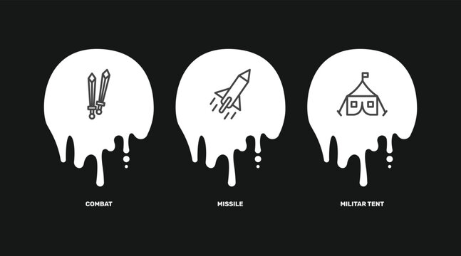 military and war and icon set with combat, missile, militar tent signs in flat outline style