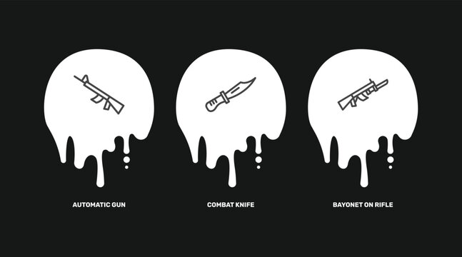 military and war and icon set with automatic gun, combat knife, bayonet on rifle signs in flat outline style