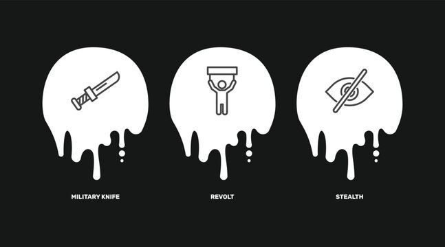 military and war and icon set with military knife, revolt, stealth signs in flat outline style