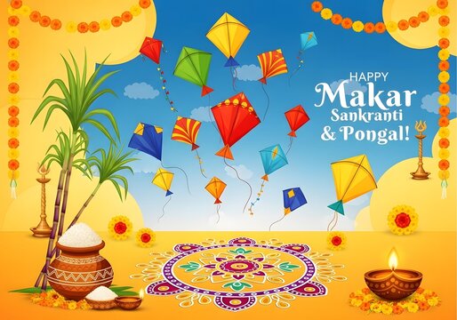 Makar sankranti pongal celebration with kites and decorations