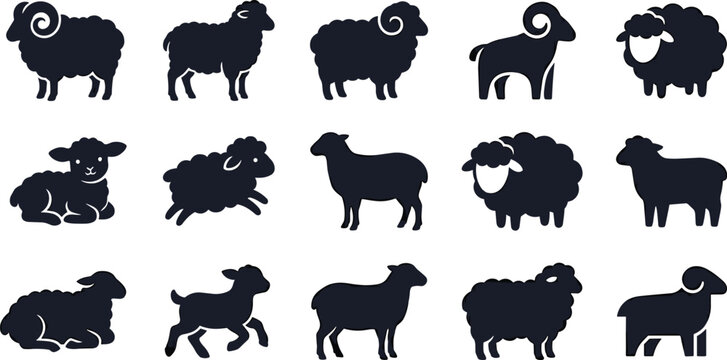 Large Set of Sheep and Lamb Silhouettes Featuring Rams Ewes and Lambs in Diverse Poses for Professional Farm Animal Logos Agriculture Branding and Rural Nature Graphic Designs