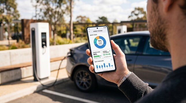 Man holding smartphone with energy tracker app near electric car charging at outdoor station