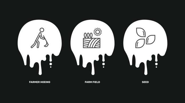 agriculture and farm icon set with farmer hoeing, farm field, seed signs in flat outline style