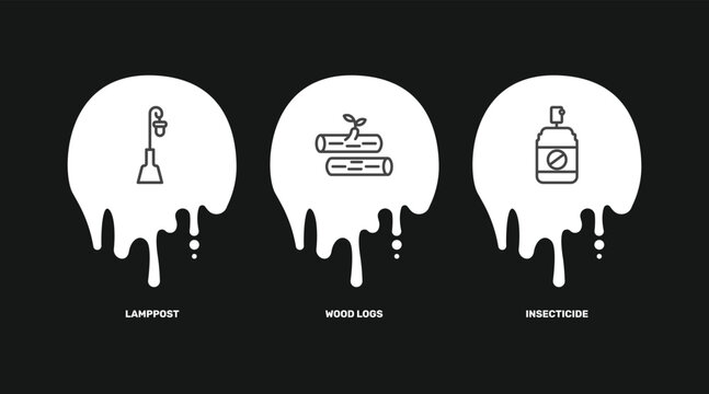 agriculture and farm icon set with lamppost, wood logs, insecticide signs in flat outline style
