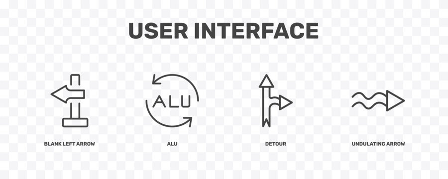 user interface icon set with blank left arrow, alu, detour, undulating arrow signs in flat outline style