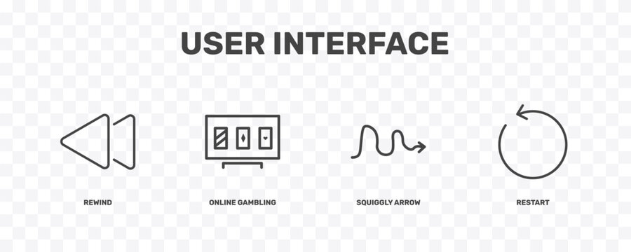 user interface icon set with rewind, online gambling, squiggly arrow, restart signs in flat outline style