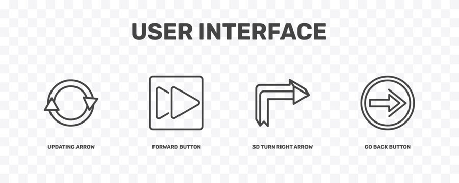 user interface icon set with updating arrow, forward button, 3d turn right arrow, go back button signs in flat outline style