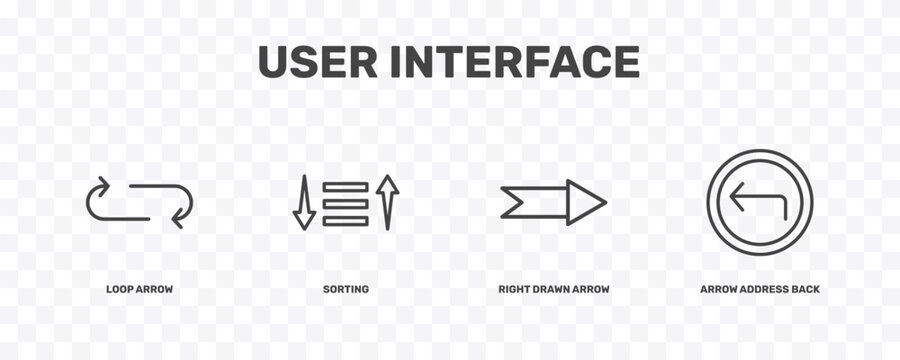 user interface icon set with loop arrow, sorting, right drawn arrow, arrow address back signs in flat outline style
