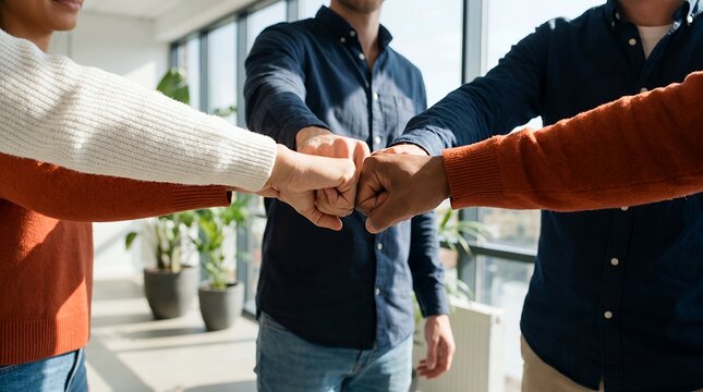 Dynamic Dutch Angle Close-Up of Faceless Team Joining Hands in a Fist Bump