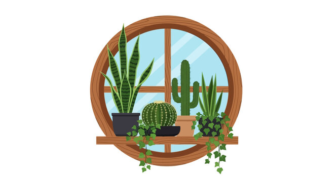 Houseplants on a round wooden window shelf vector illustration