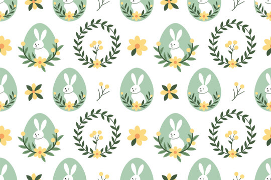 Easter pattern featuring rabbits in floral wreaths and eggs