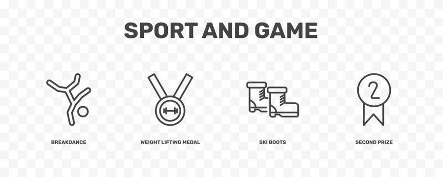 sport and game icon set with breakdance, weight lifting medal, ski boots, second prize signs in flat outline style