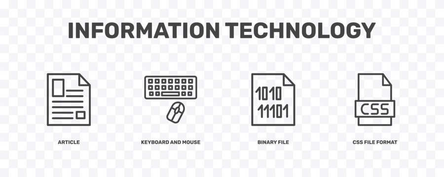 information technology icon set with article, keyboard and mouse, binary file, css file format signs in flat outline style