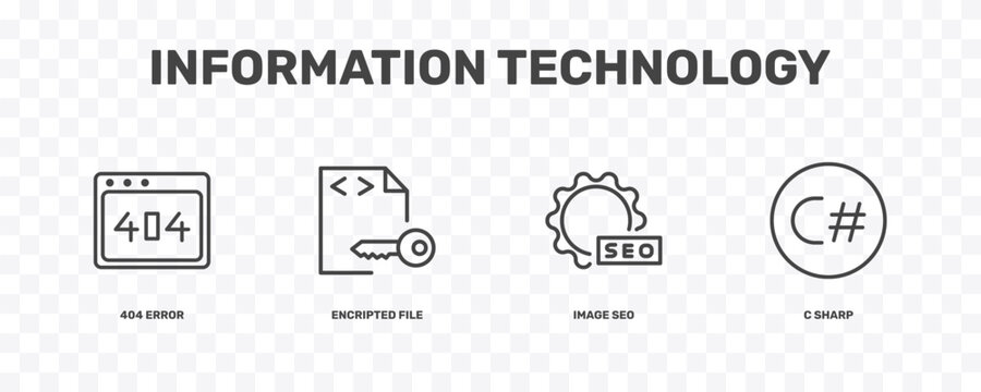 information technology icon set with 404 error, encripted file, image seo, c sharp signs in flat outline style