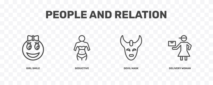 people and relation icon set with girl smile, seductive, devil mask, delivery woman signs in flat outline style