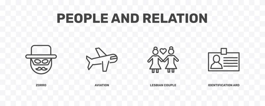 people and relation icon set with zorro, aviation, lesbian couple, identification ard signs in flat outline style