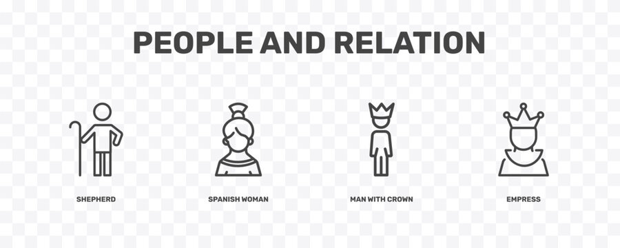 people and relation icon set with shepherd, spanish woman, man with crown, empress signs in flat outline style